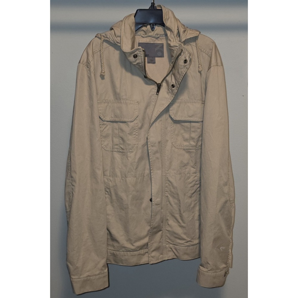 Old Navy Mens Jacket Large Tan Hooded Utility Cargo Pockets Casual Cotton Blend